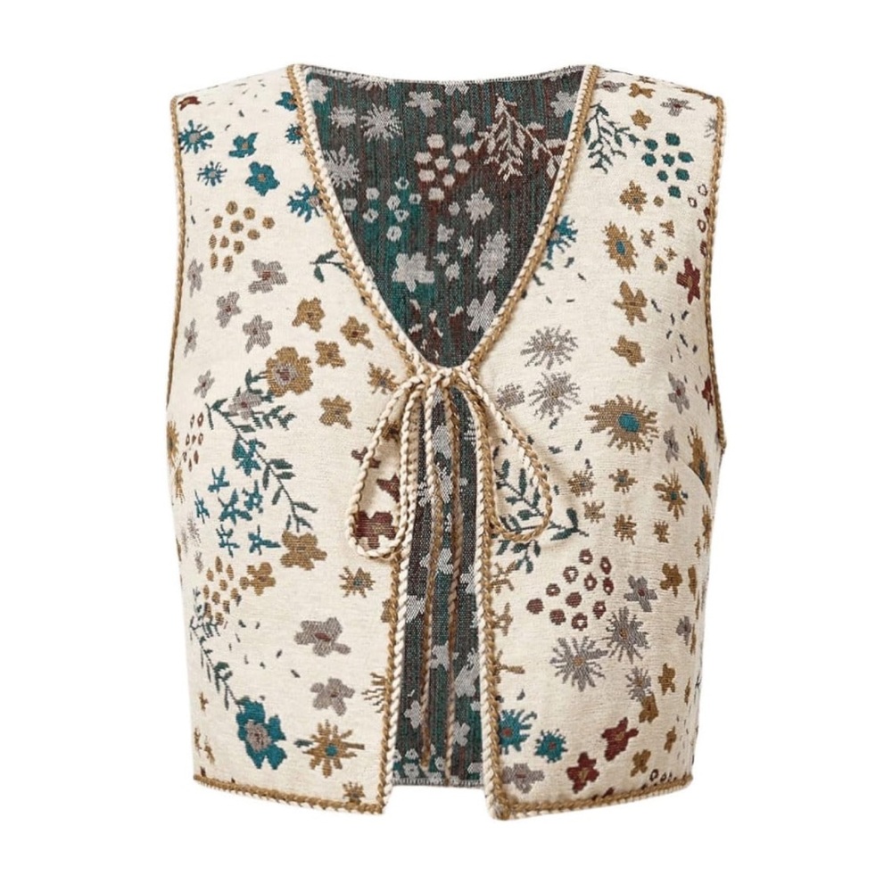 Floral Knit Vest - Cream, Teal, Brown